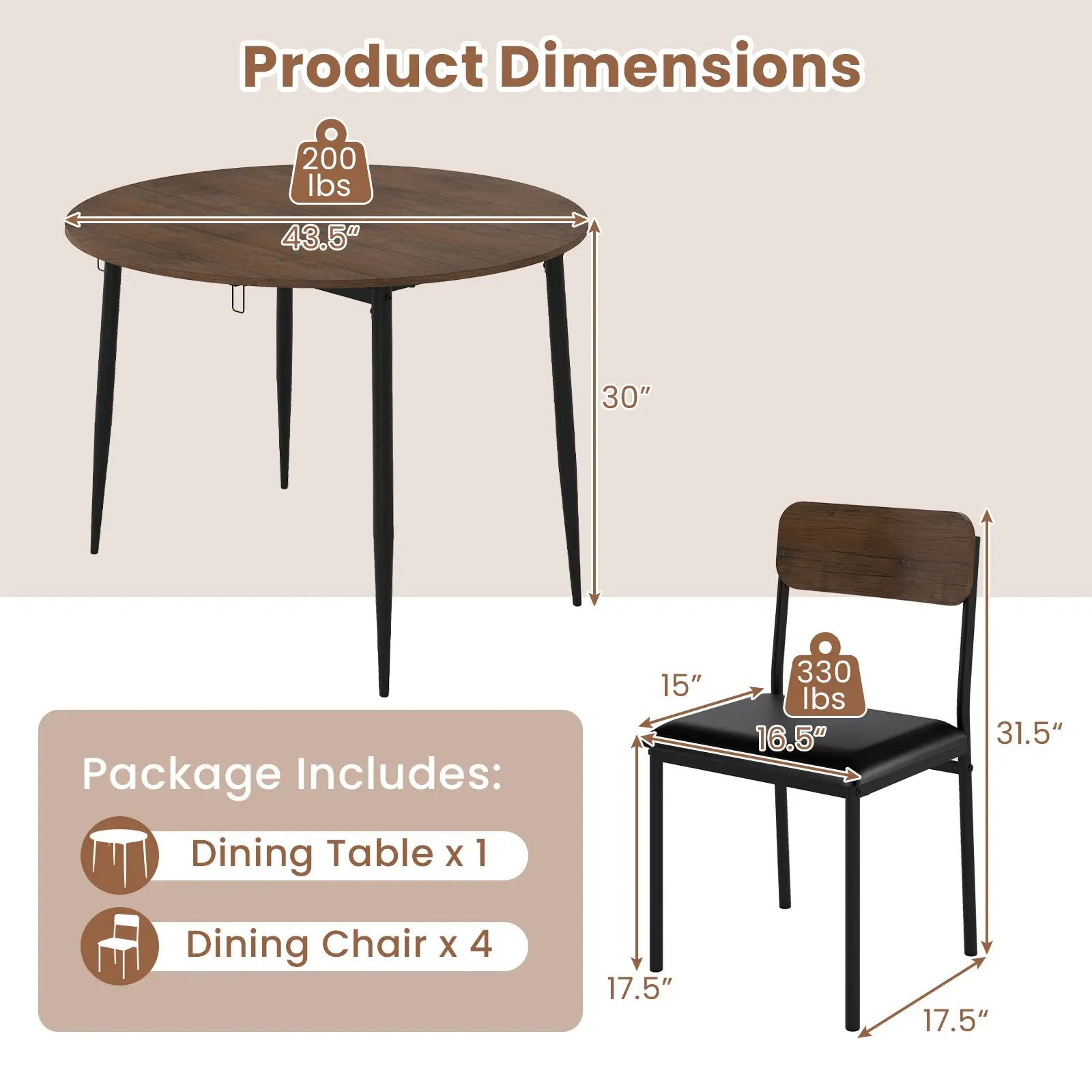 5-Piece Round Kitchen Table Set with Drop Leaf Tabletop and 4 Upholstered Dining Chairs-Brown by DirectDeals