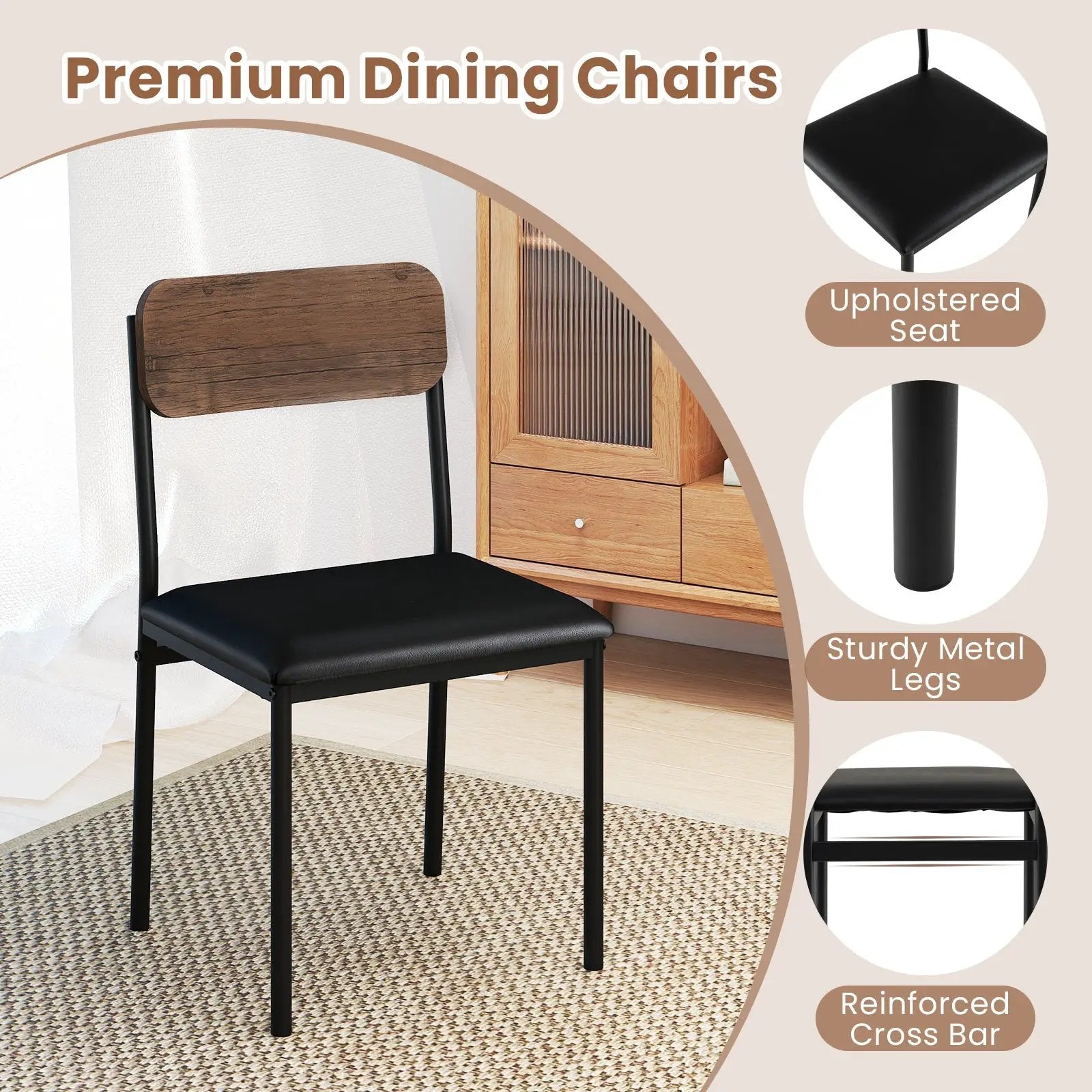 5-Piece Round Kitchen Table Set with Drop Leaf Tabletop and 4 Upholstered Dining Chairs-Brown by DirectDeals