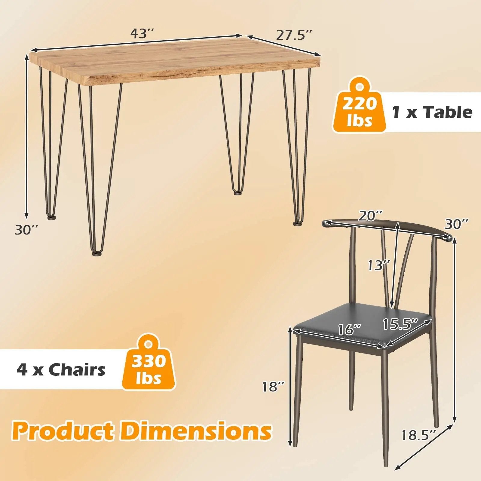 5-Piece Space-saving Dining Table Set Industrial Rectangular Kitchen Table and 4 Armless Chairs-Black by DirectDeals