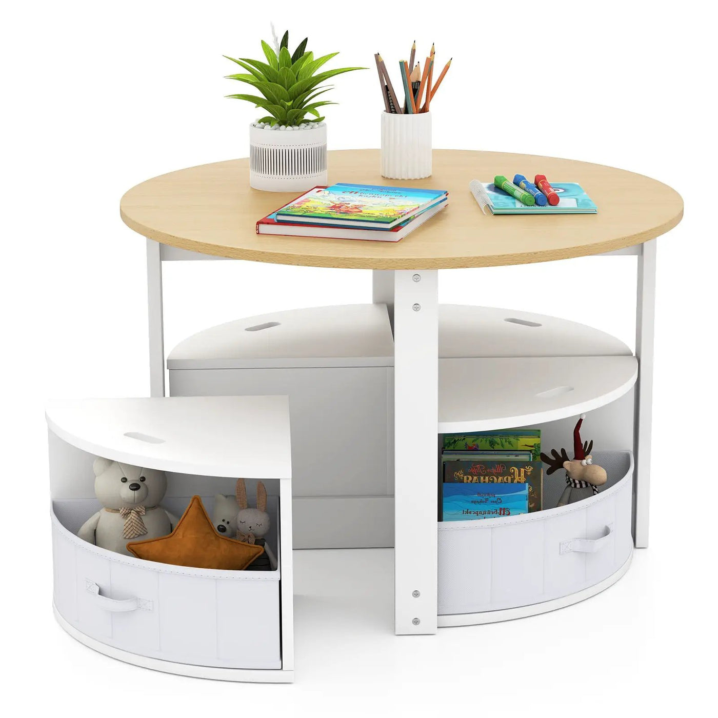 5 Piece Toddler Round Nesting Table with 4 Storage Stools for Activity by DirectDeals
