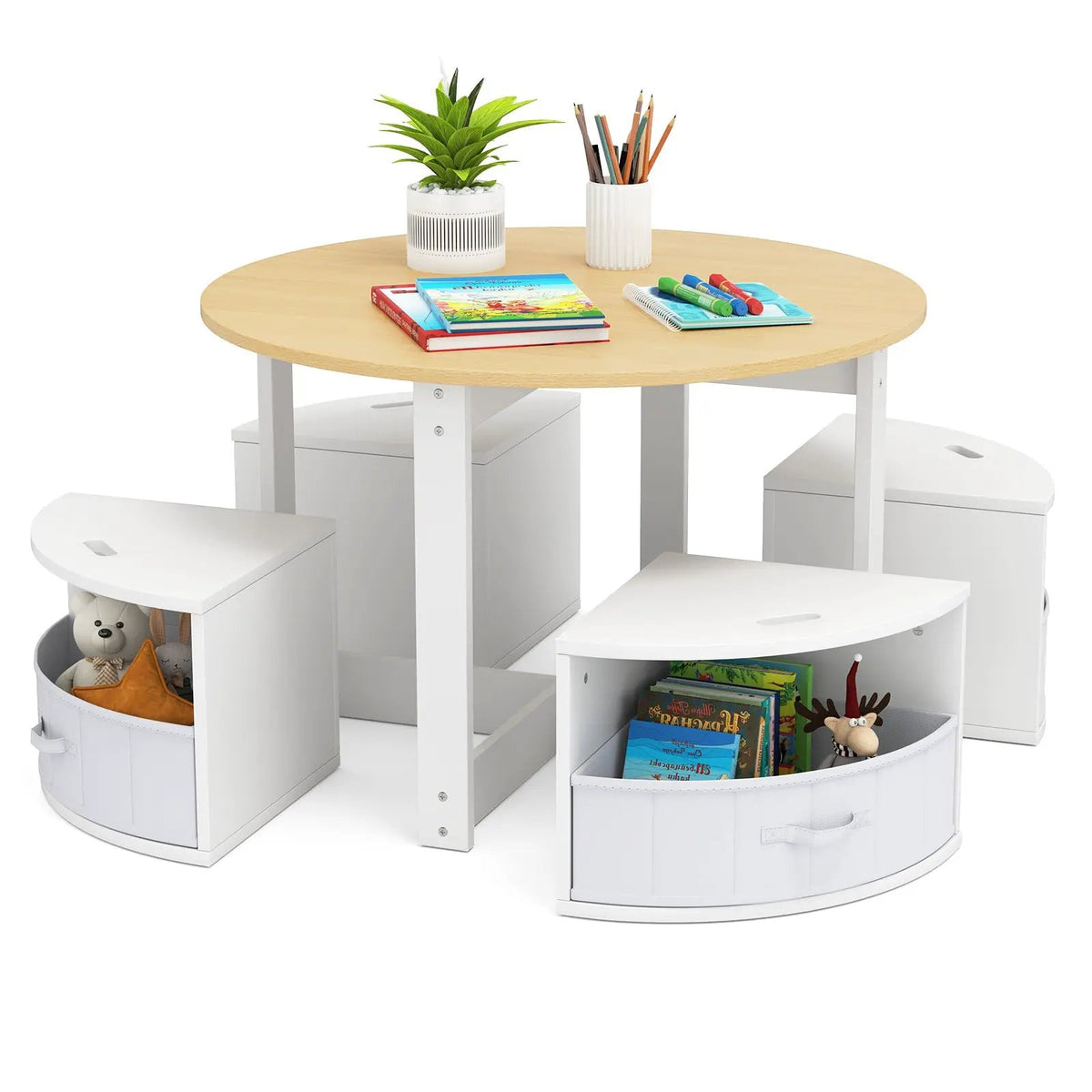 5 Piece Toddler Round Nesting Table with 4 Storage Stools for Activity by DirectDeals