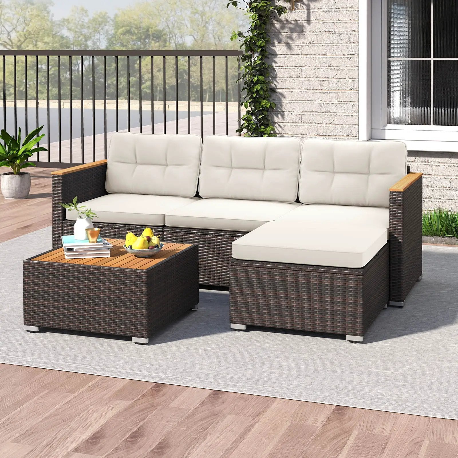 5-Piece Wicker Conversation Set Rattan Set with Cushions and Coffee Table-White by DirectDeals