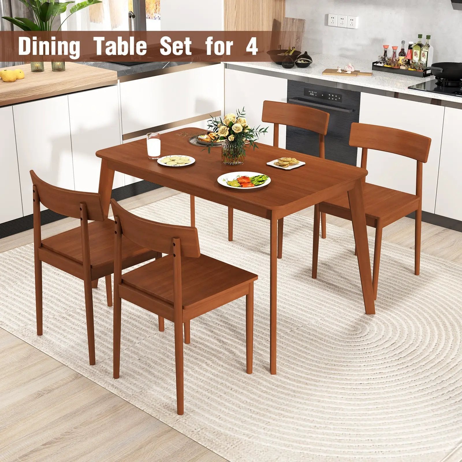 5 Piece Wood Dining Table Set with Rubber Wood Frame and 4 Chairs-Walnut by DirectDeals