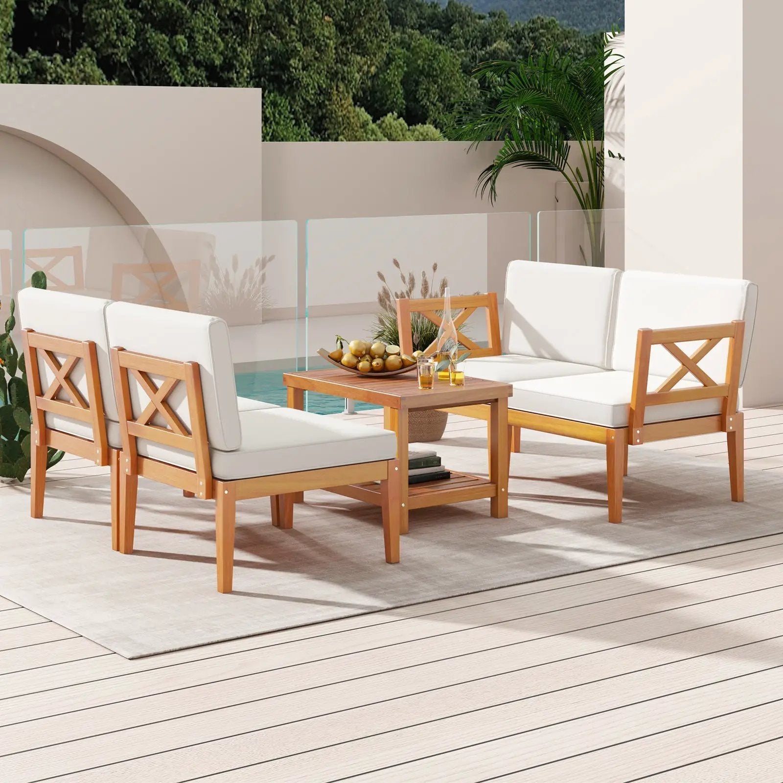 5 Pieces Acacia Wood Patio Furniture Set Outdoor Sectional Conversation Set with Cushions-Off White by DirectDeals