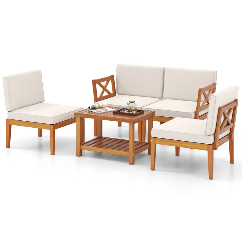 5 Pieces Acacia Wood Patio Furniture Set Outdoor Sectional Conversation Set with Cushions-Off White by DirectDeals