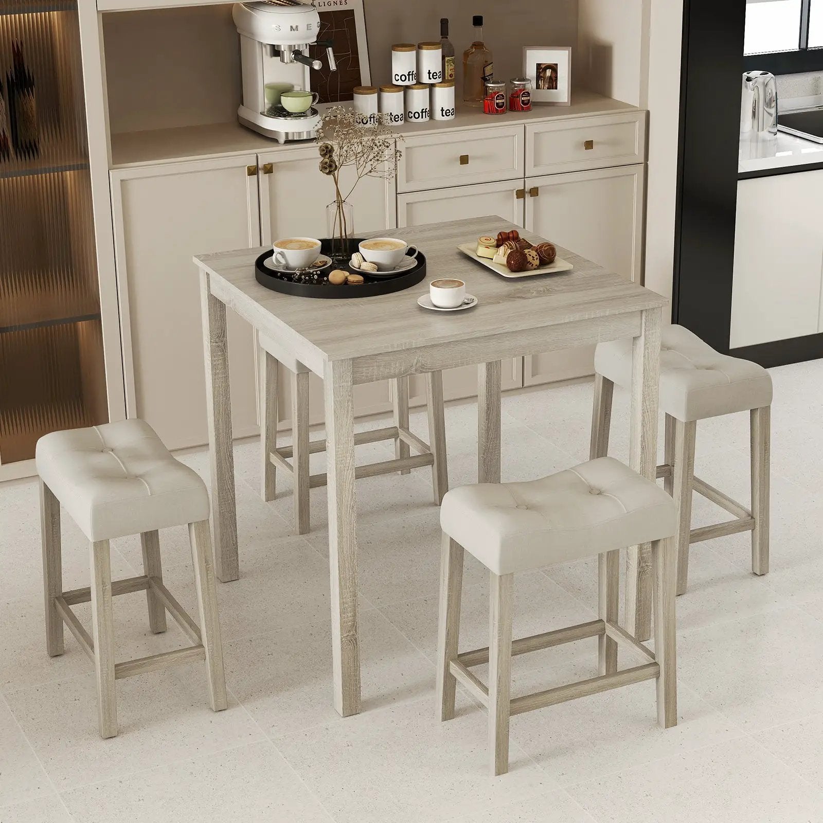 5 Pieces Bar Table Set with Square Table and 4 Padded Stools-Gray by DirectDeals