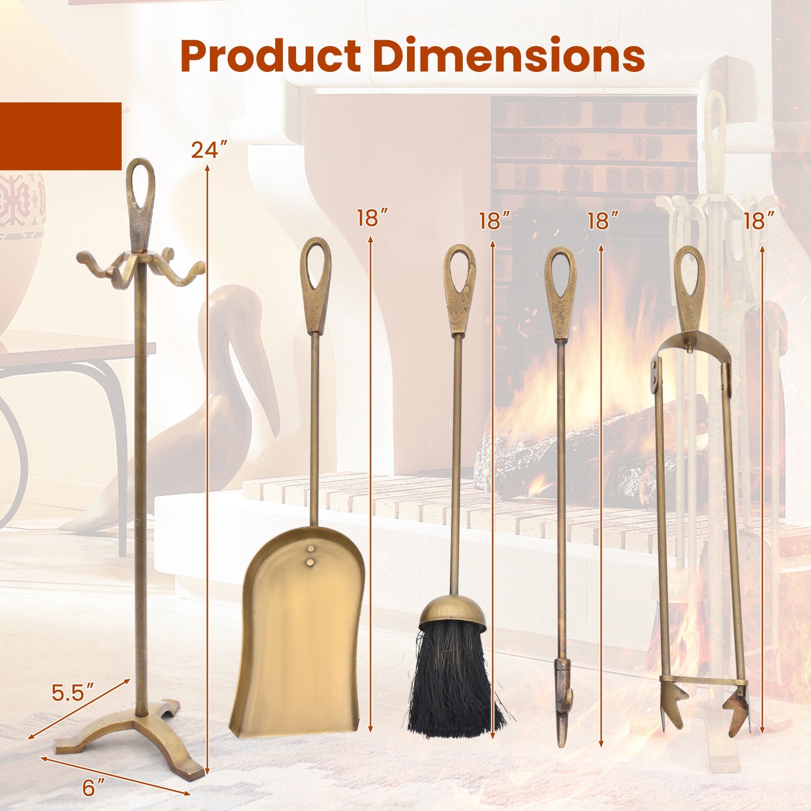 5 Pieces Fireplace Tool Set Fireplace Accessories with Poker by DirectDeals