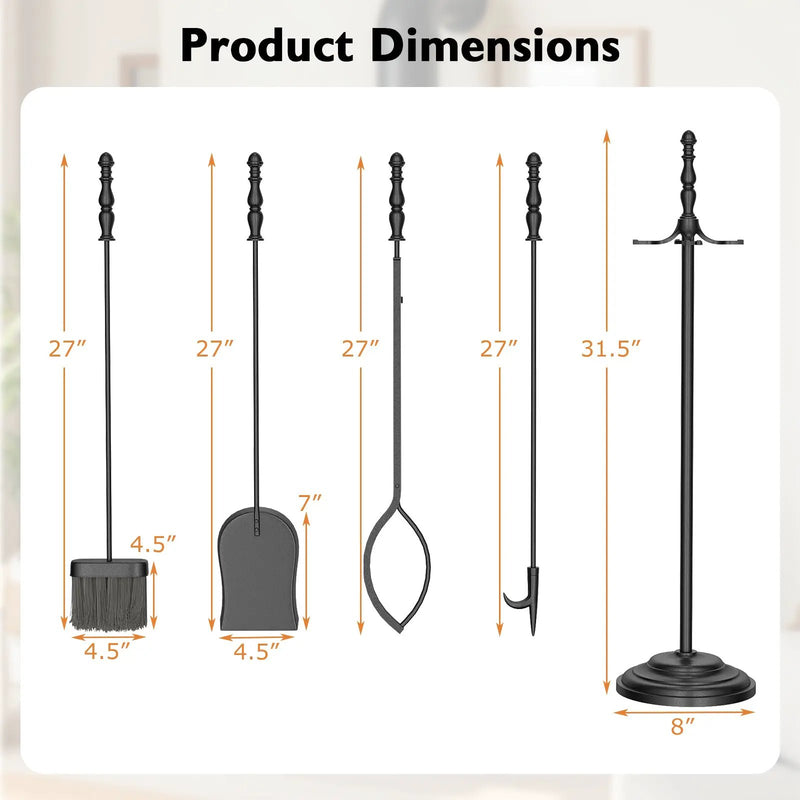 5-Pieces Fireplace Tool Set with Poker Tongs Brush Shovel and Round Stand by DirectDeals