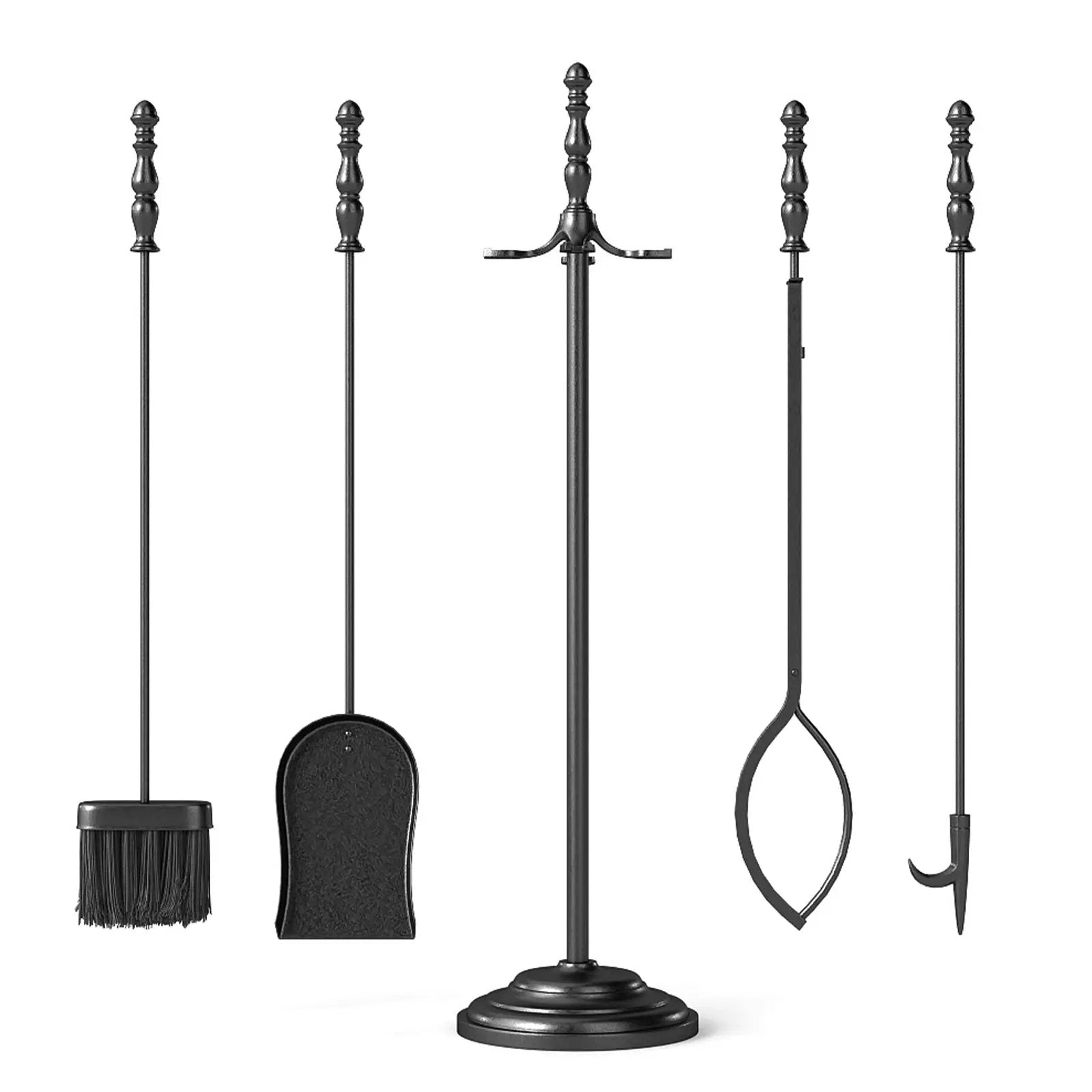 5-Pieces Fireplace Tool Set with Poker Tongs Brush Shovel and Round Stand by DirectDeals