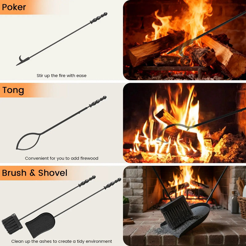 5-Pieces Fireplace Tool Set with Poker Tongs Brush Shovel and Round Stand by DirectDeals