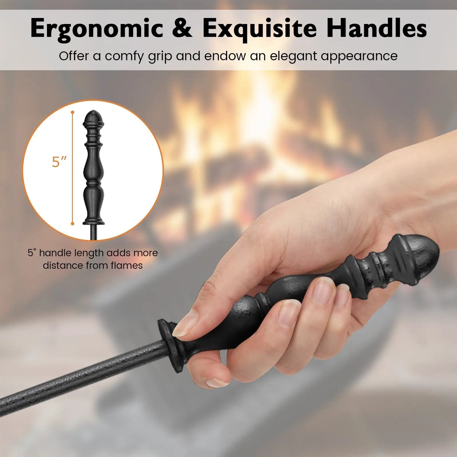 5-Pieces Fireplace Tool Set with Poker Tongs Brush Shovel and Round Stand by DirectDeals