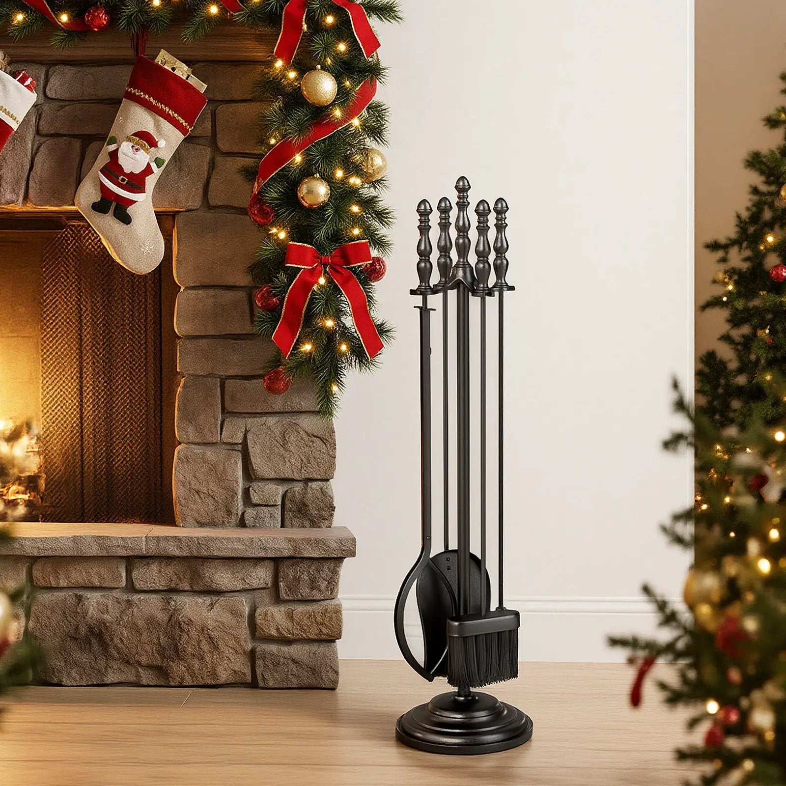 5-Pieces Fireplace Tool Set with Poker Tongs Brush Shovel and Round Stand by DirectDeals