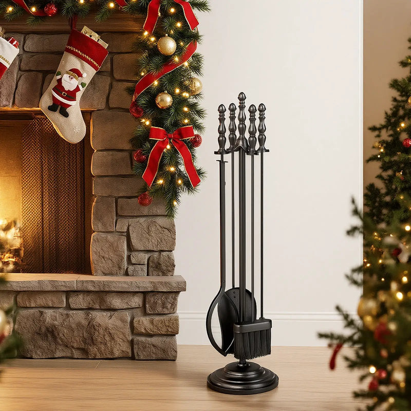 5-Pieces Fireplace Tool Set with Poker Tongs Brush Shovel and Round Stand by DirectDeals