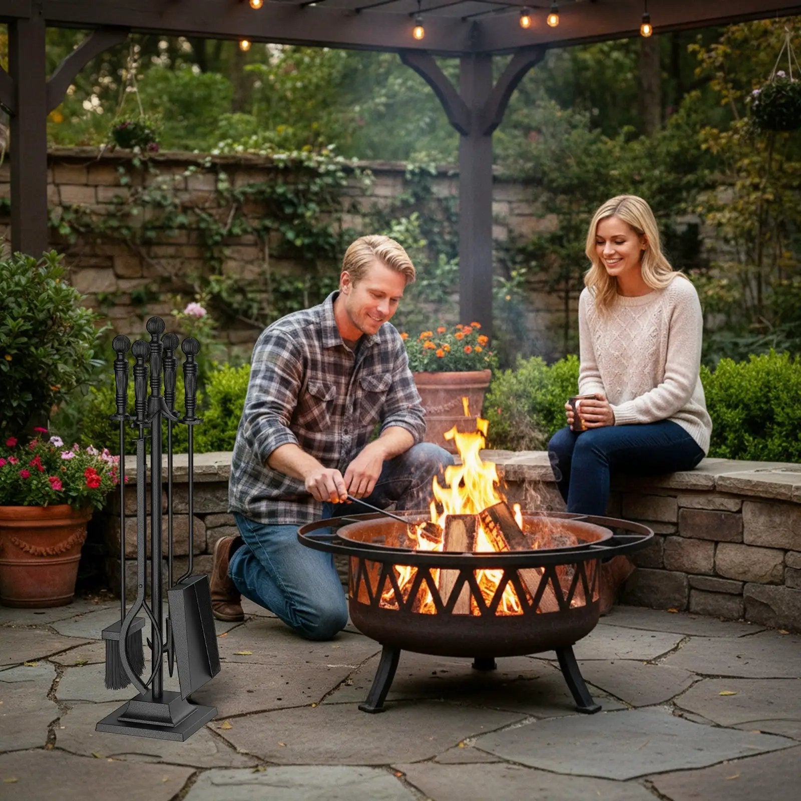 5-Pieces Fireplace Tool Set Indoor Outdoor Fire Place Set Tools with Aluminum Handles by DirectDeals