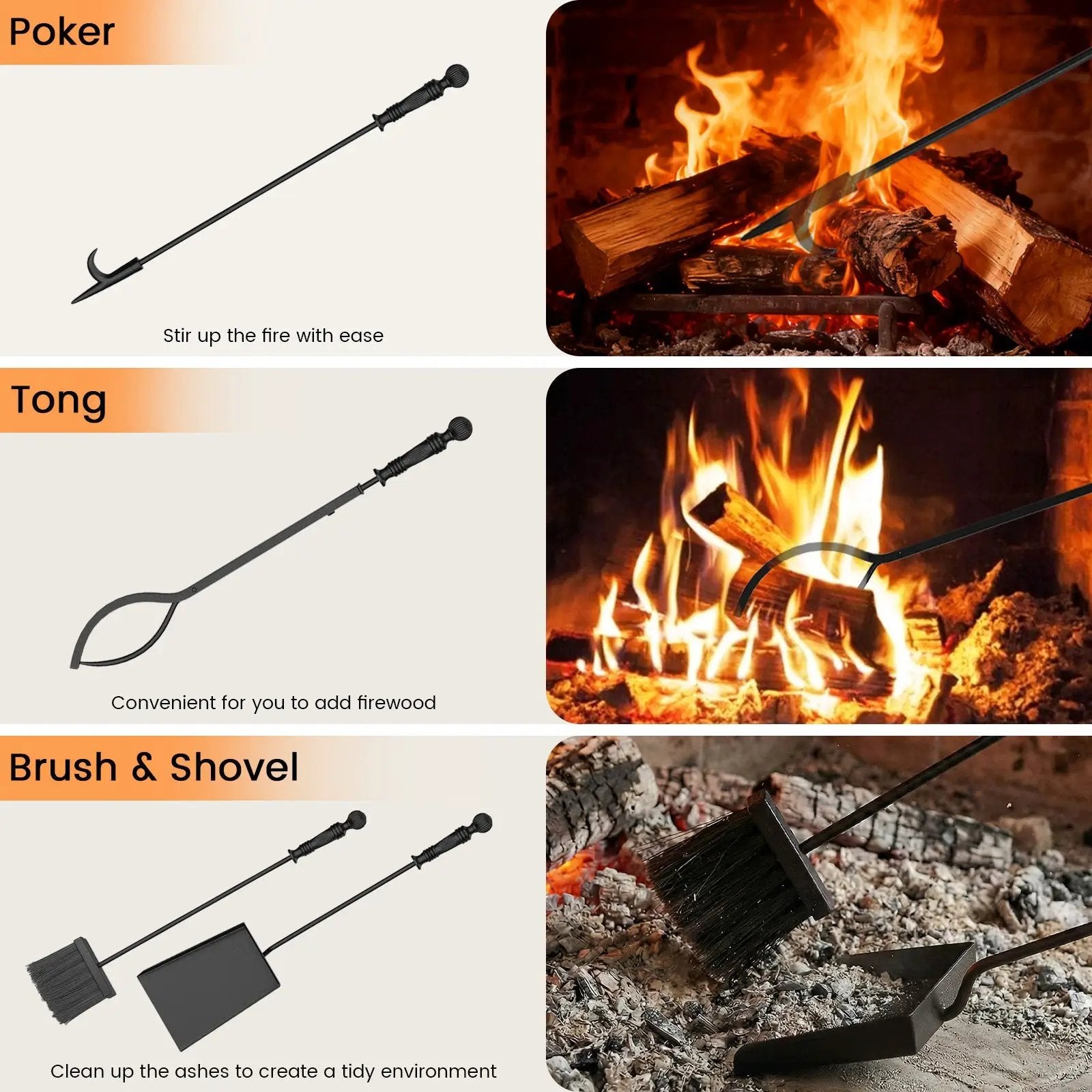 5-Pieces Fireplace Tool Set Indoor Outdoor Fire Place Set Tools with Aluminum Handles by DirectDeals
