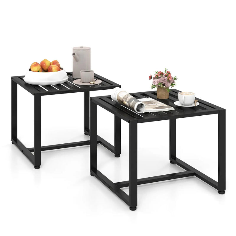 Set of 2 Metal End Tables with Slatted Tabletop-Black by DirectDeals