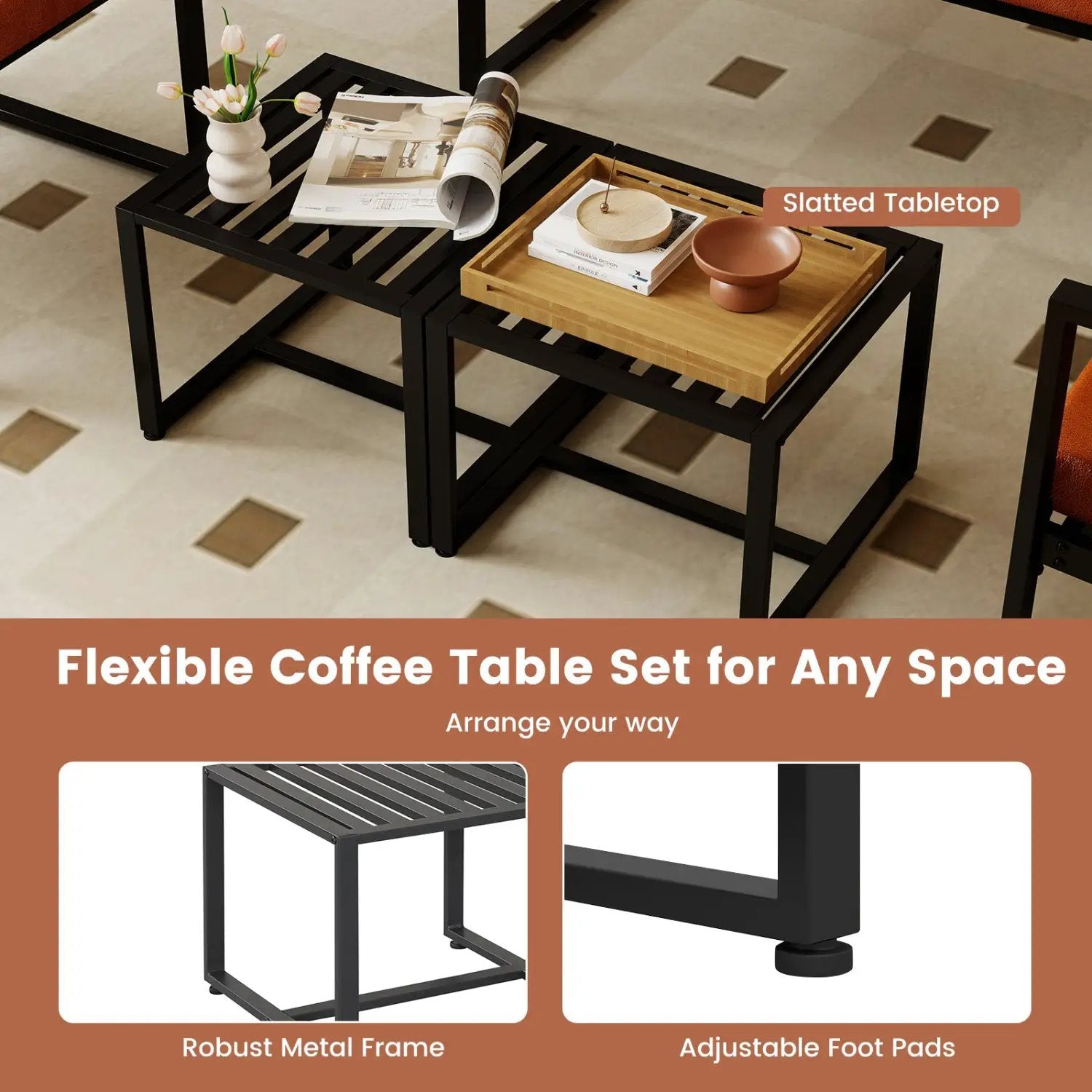 Set of 2 Metal End Tables with Slatted Tabletop-Black by DirectDeals