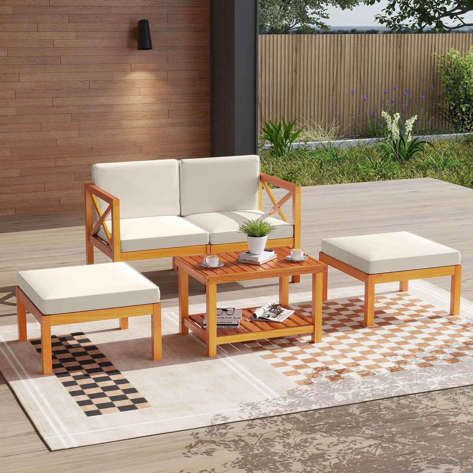 5 Pieces Acacia Wood Patio Lounge Chair Set with Ottomans and Cushions-White by DirectDeals