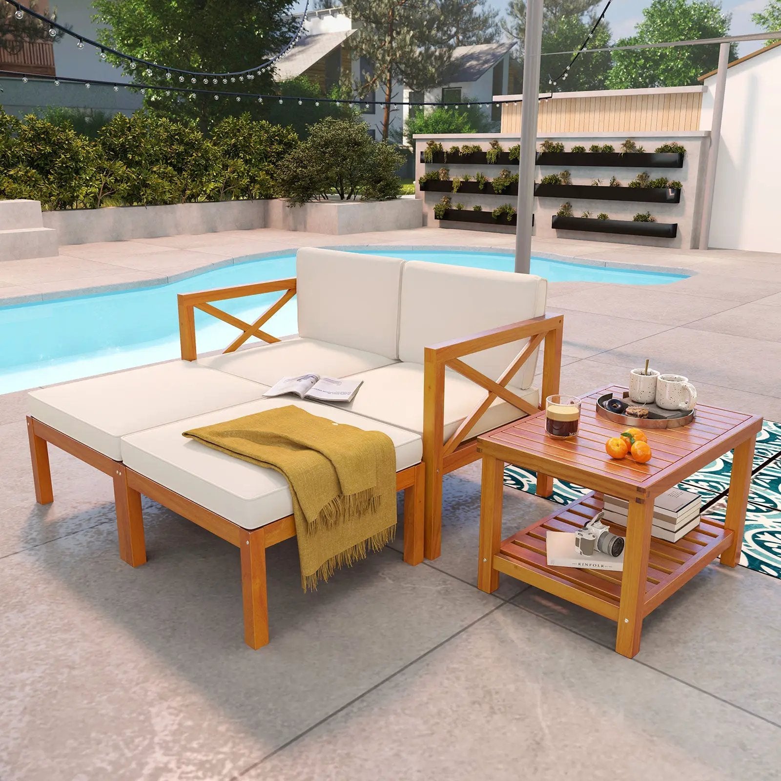 5 Pieces Acacia Wood Patio Lounge Chair Set with Ottomans and Cushions-White by DirectDeals