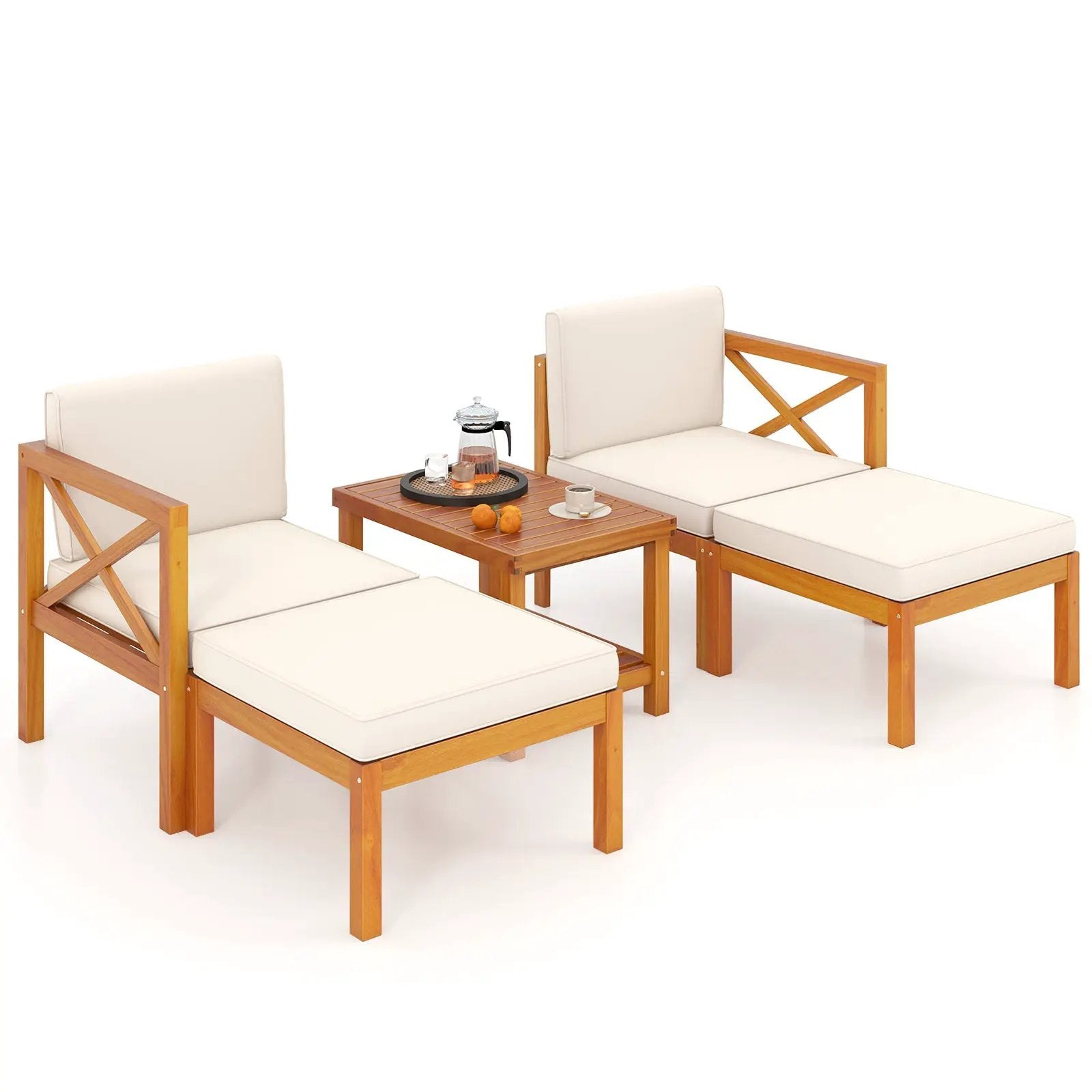 5 Pieces Acacia Wood Patio Lounge Chair Set with Ottomans and Cushions-White by DirectDeals