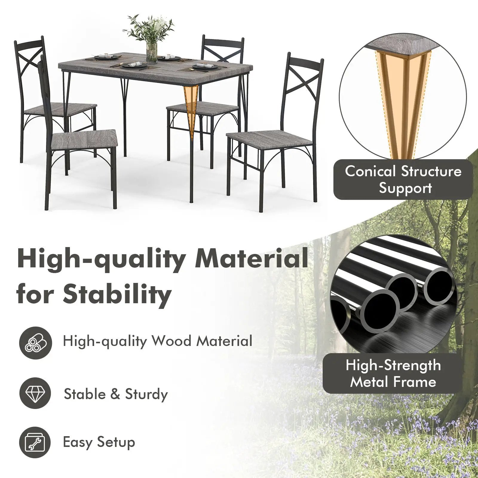 5 Pieces Dining Table Set with Metal Frame for Kitchen Dining Room-Gray by DirectDeals
