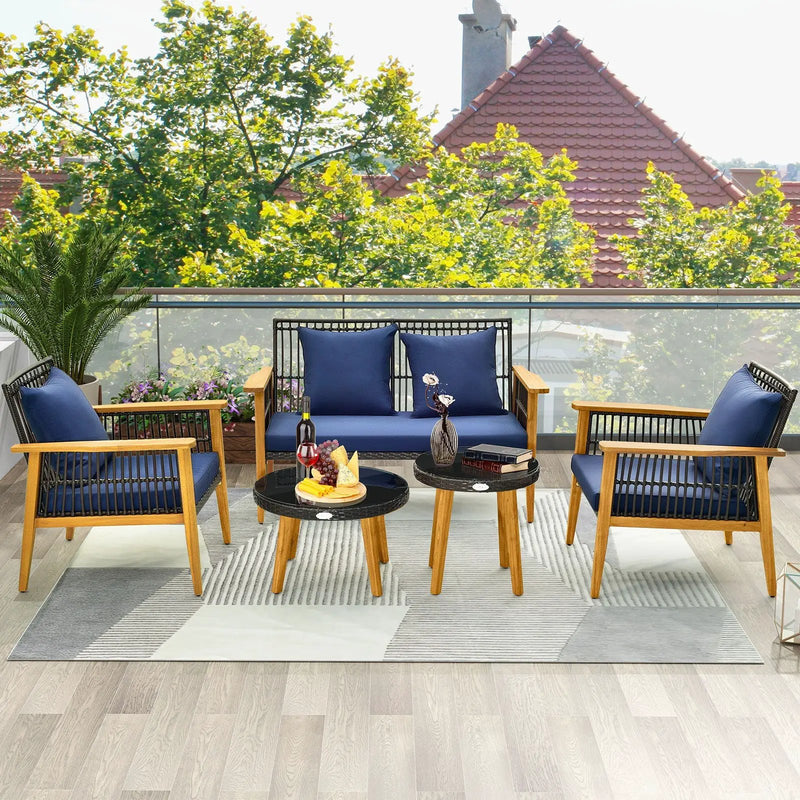 5 Piece Outdoor Conversation Set with 2 Coffee Tables for Backyard Poolside-Navy by DirectDeals