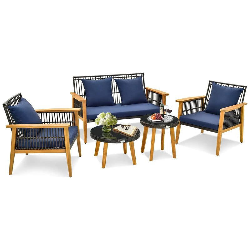 5 Piece Outdoor Conversation Set with 2 Coffee Tables for Backyard Poolside-Navy by DirectDeals