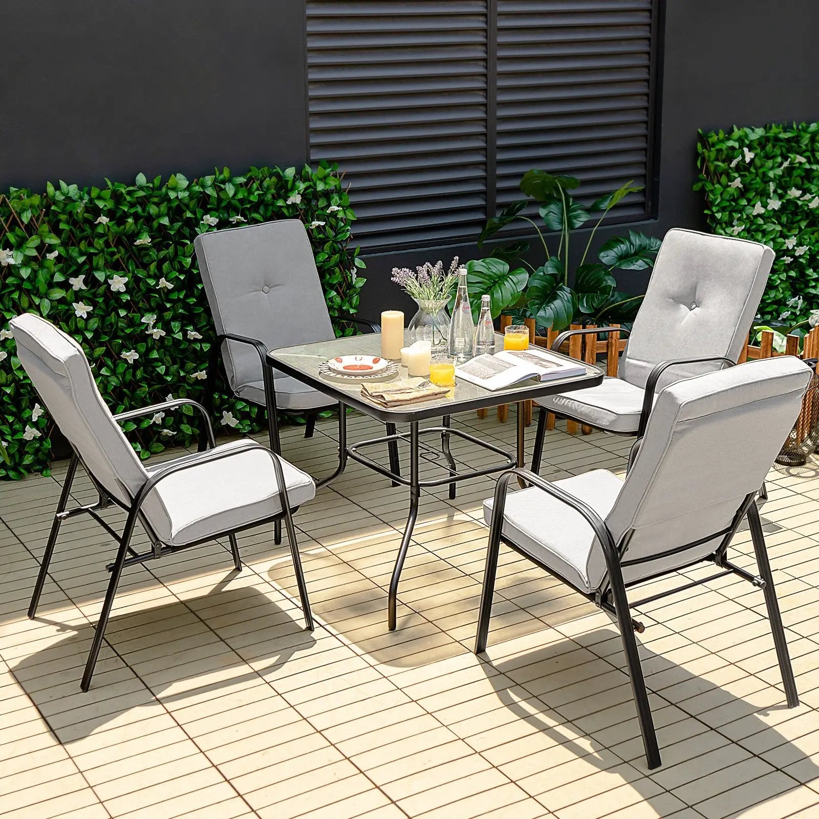 5 Pieces Outdoor Dining Set with 4 Stackable Chair and High-Back Cushions by DirectDeals