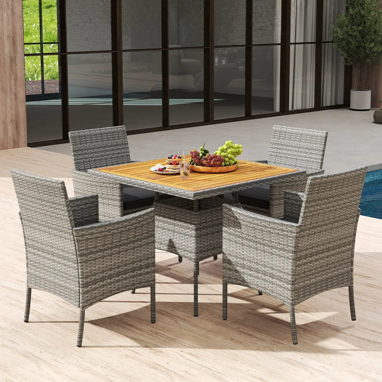 5 Pieces PE Wicker Patio Dining Set Outdoor Acacia Wood Table and Chairs-Black by DirectDeals