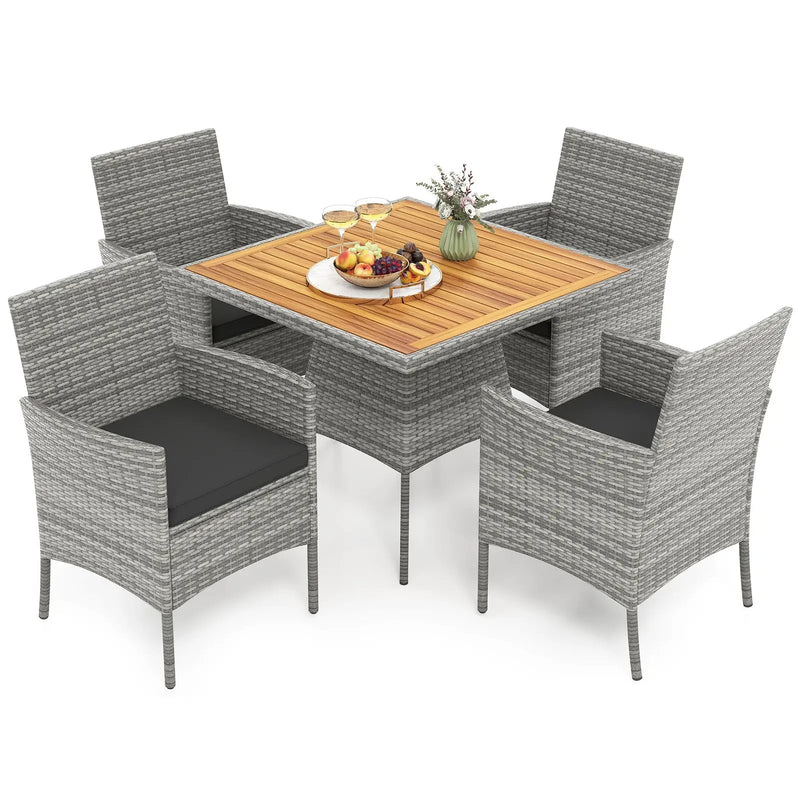 5 Pieces PE Wicker Patio Dining Set Outdoor Acacia Wood Table and Chairs-Black by DirectDeals