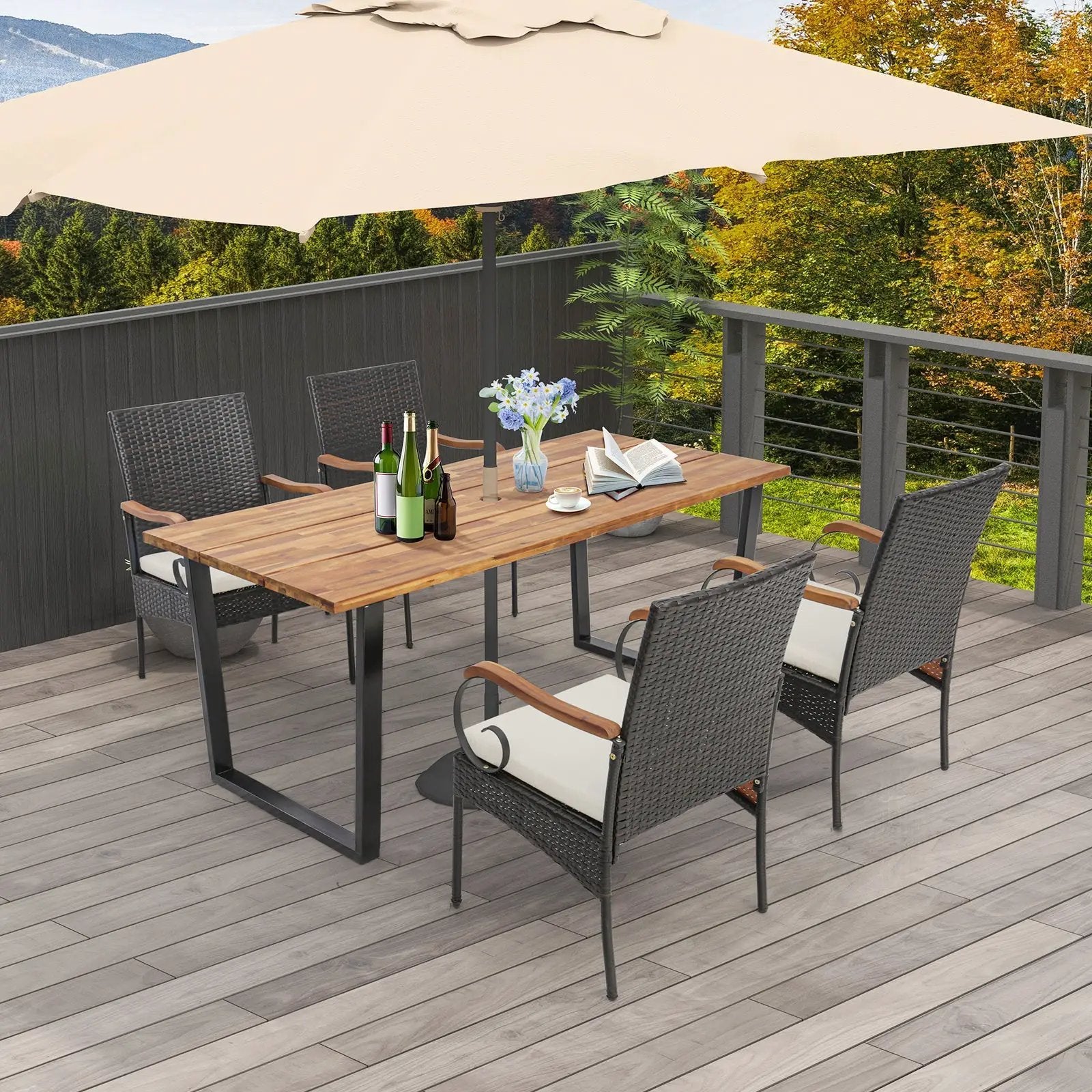 5 Pieces Patio Rattan Dining Set with Umbrella Hole for Poolside Backyard by DirectDeals