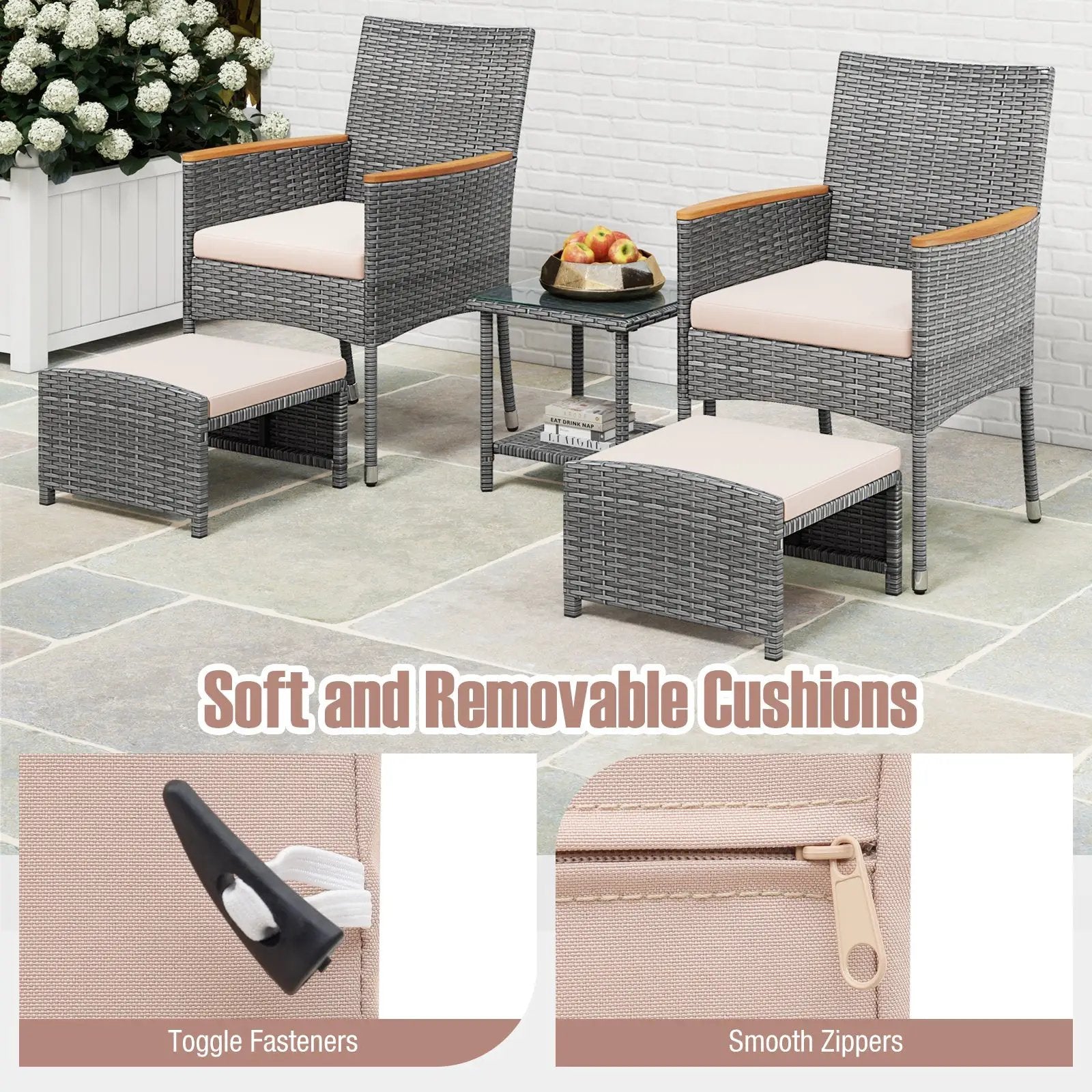 5 Pieces Patio Conversation Set with Soft Cushions and Ottomans-Beige by DirectDeals