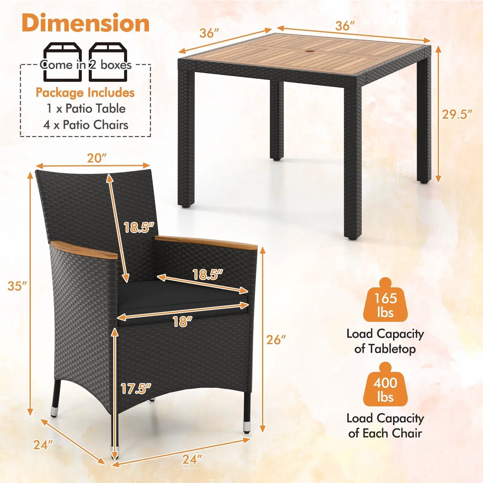 5 Pieces Patio Dining Table Set for 4 with Umbrella Hole by DirectDeals