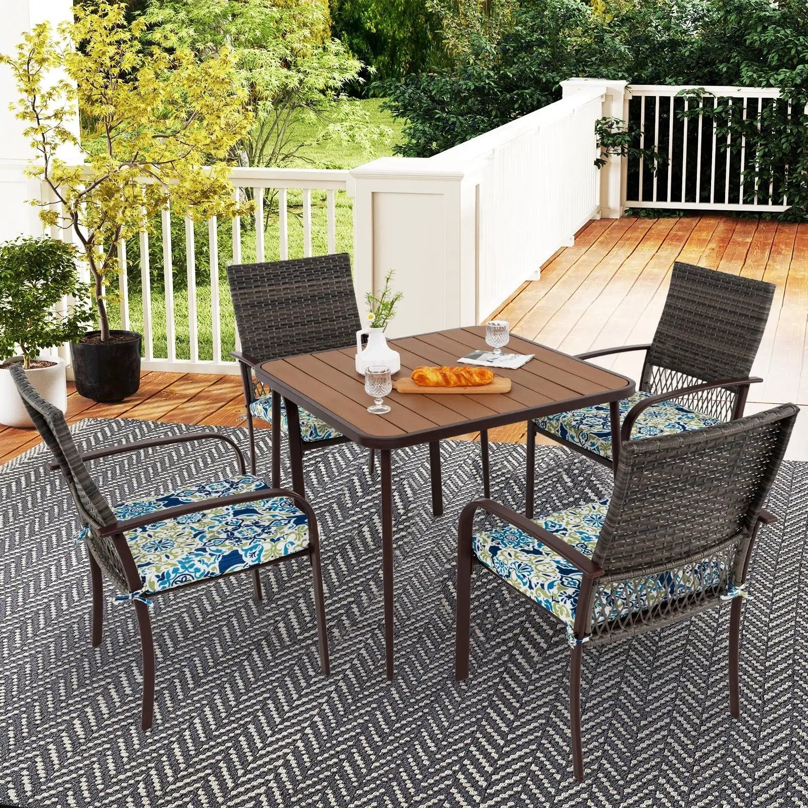 5 Pieces Patio Dining Set 4 Cushioned Rattan Armchairs and Square Table by DirectDeals