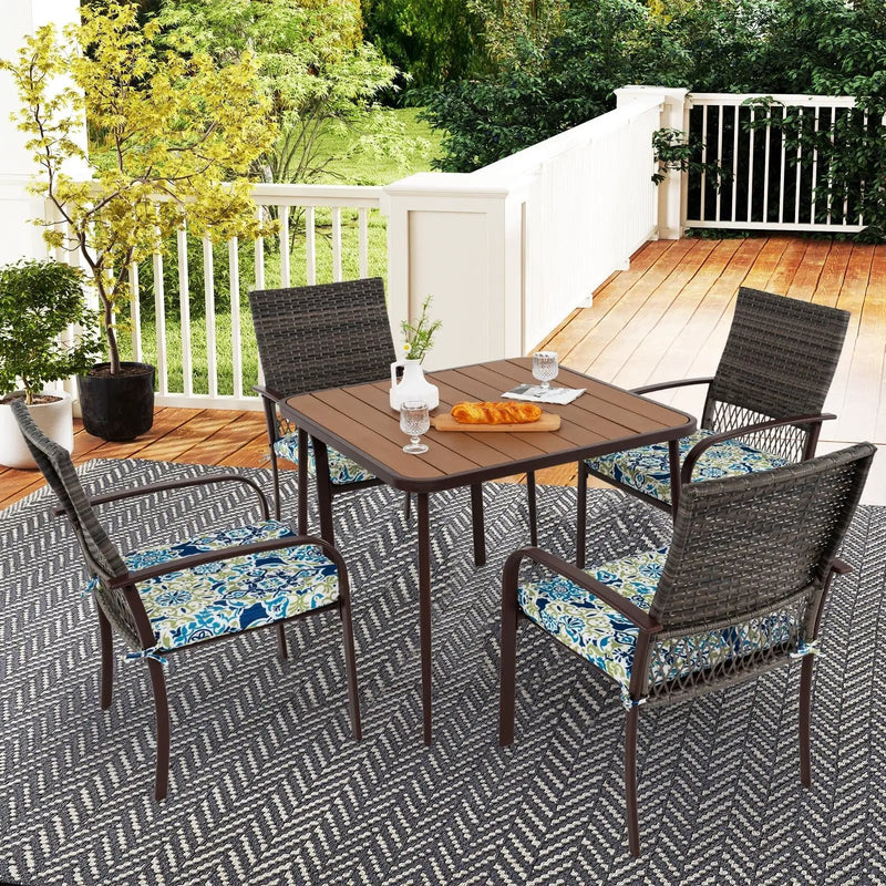 5 Pieces Patio Dining Set 4 Cushioned Rattan Armchairs and Square Table by DirectDeals