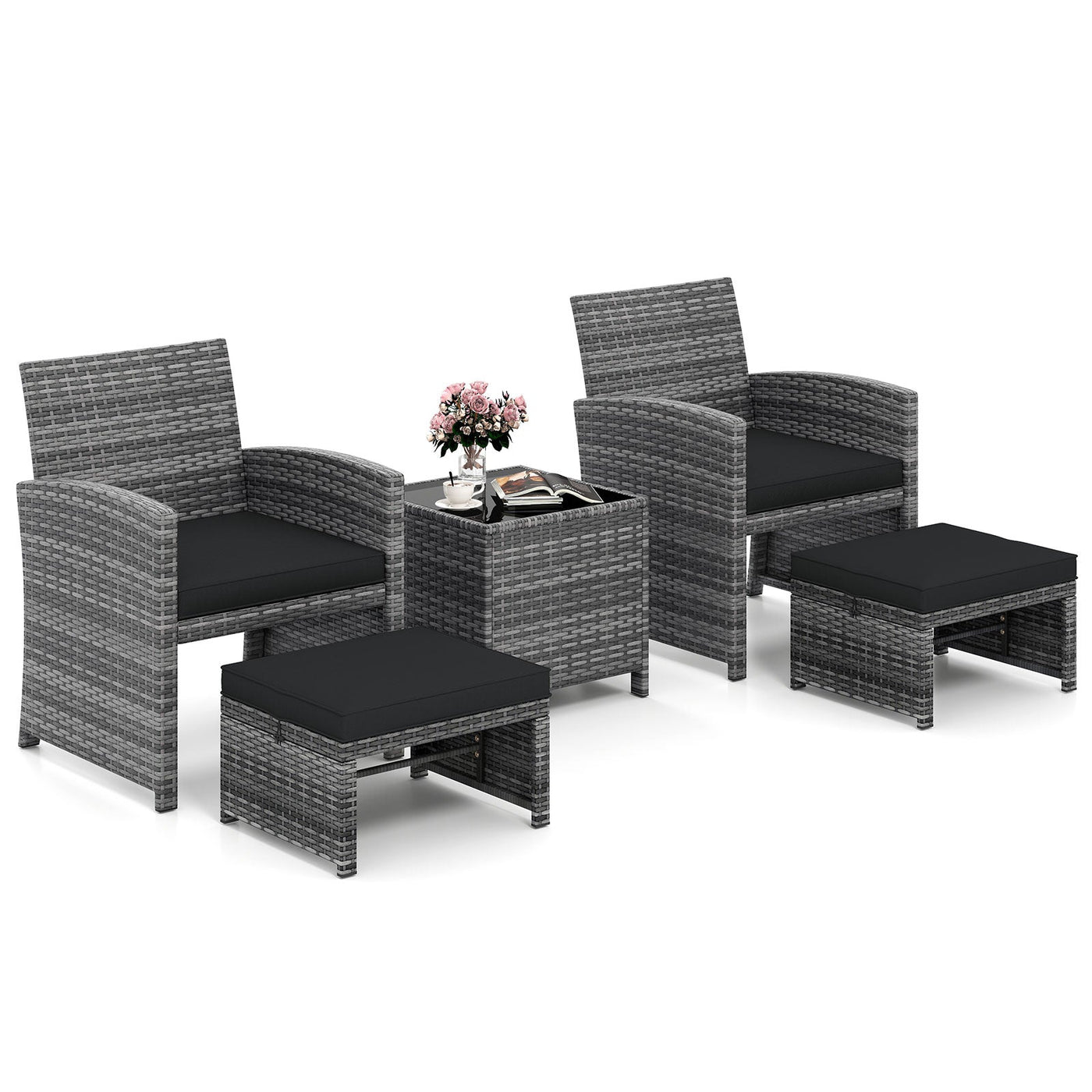 5 Pieces Patio Furniture Set PE Wicker Outdoor Lounge Chairs with 2 Ottomans by DirectDeals