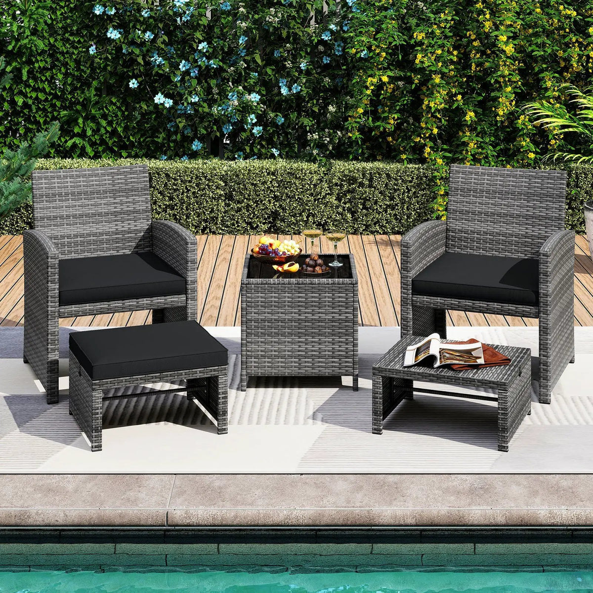 5 Pieces Patio Furniture Set PE Wicker Outdoor Lounge Chairs with 2 Ottomans by DirectDeals