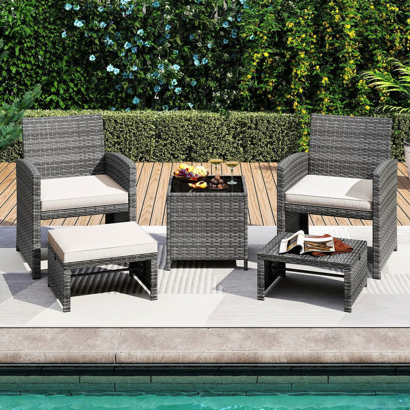 5 Pieces Patio Furniture Set PE Wicker Outdoor Lounge Chairs with 2 Ottomans by DirectDeals