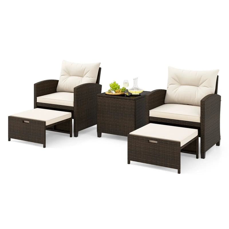 5 Pieces Patio Rattan Furniture with 2 Ottomans and Tempered Glass Coffee Table-Red by DirectDeals