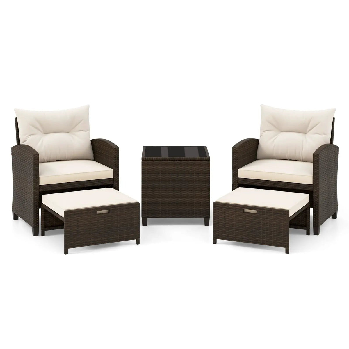 5 Pieces Patio Rattan Furniture with 2 Ottomans and Tempered Glass Coffee Table-Red by DirectDeals