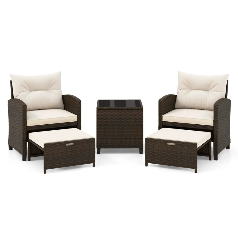 5 Pieces Patio Rattan Furniture with 2 Ottomans and Tempered Glass Coffee Table-Red by DirectDeals