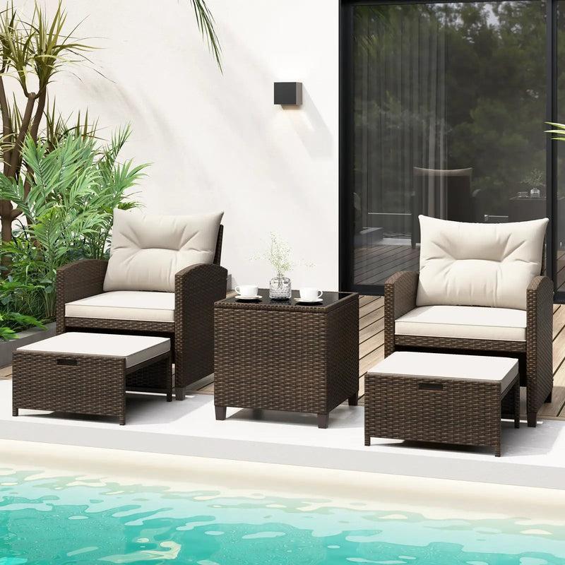 5 Pieces Patio Rattan Furniture with 2 Ottomans and Tempered Glass Coffee Table-Red by DirectDeals