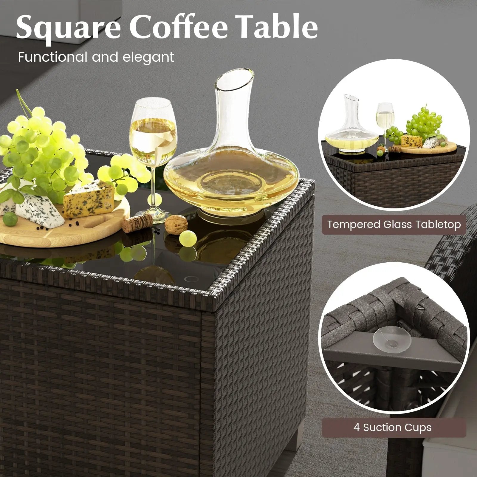 5 Pieces Patio Rattan Furniture with 2 Ottomans and Tempered Glass Coffee Table-Red by DirectDeals