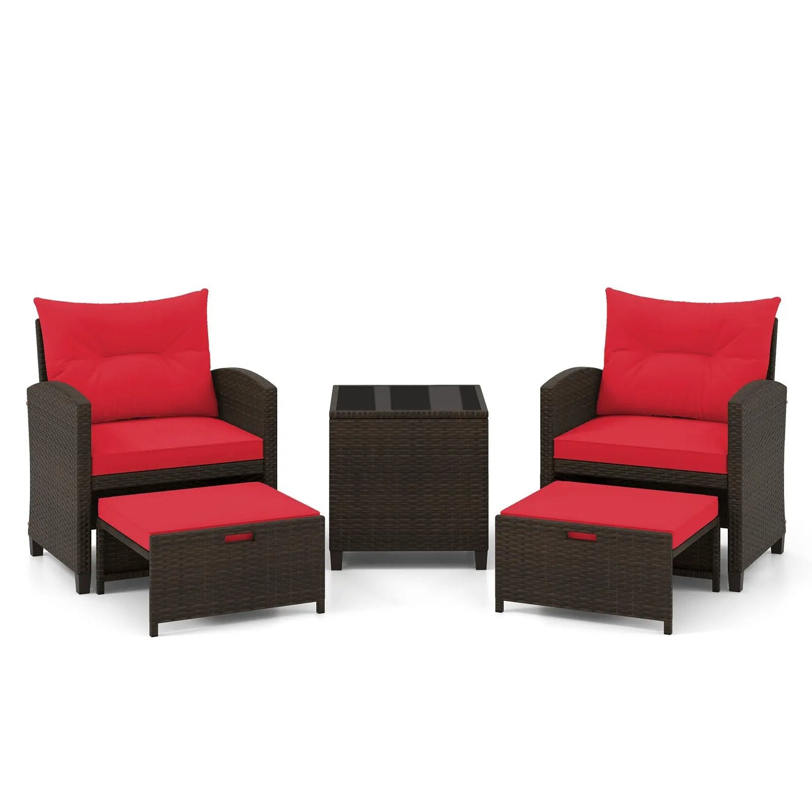 5 Pieces Patio Rattan Furniture with 2 Ottomans and Tempered Glass Coffee Table-Red by DirectDeals
