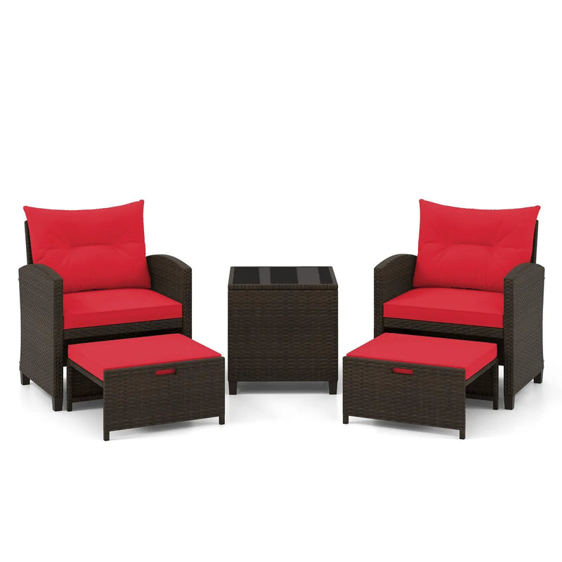 5 Pieces Patio Rattan Furniture with 2 Ottomans and Tempered Glass Coffee Table-Red by DirectDeals