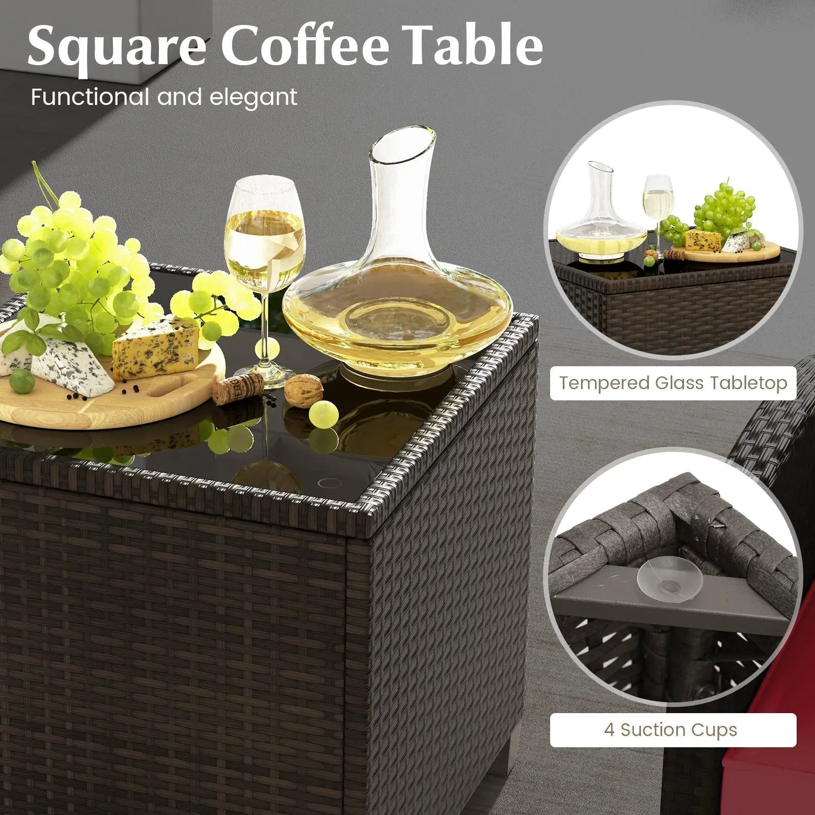 5 Pieces Patio Rattan Furniture with 2 Ottomans and Tempered Glass Coffee Table-Red by DirectDeals