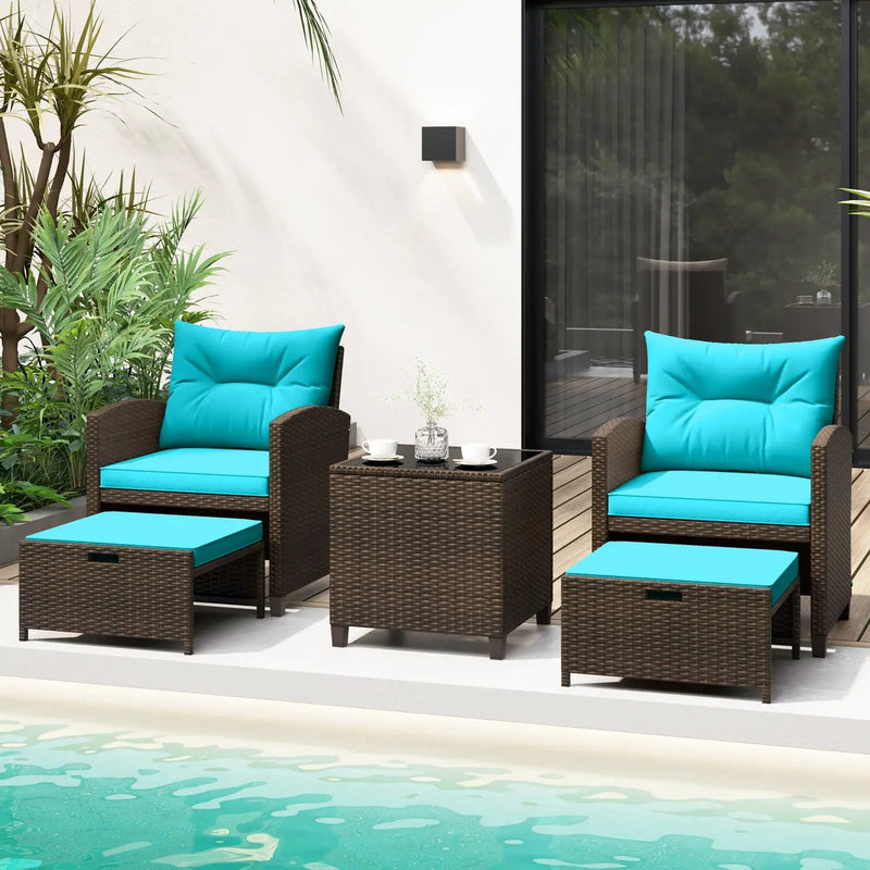 5 Pieces Patio Rattan Furniture with 2 Ottomans and Tempered Glass Coffee Table-Red by DirectDeals