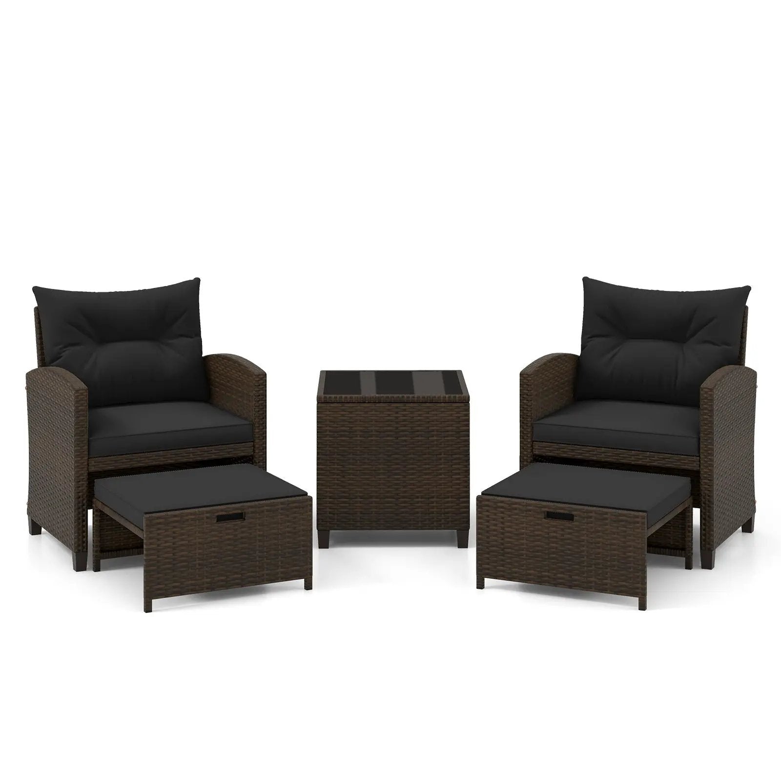 5 Pieces Patio Rattan Furniture with 2 Ottomans and Tempered Glass Coffee Table-Red by DirectDeals
