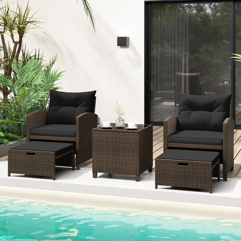 5 Pieces Patio Rattan Furniture with 2 Ottomans and Tempered Glass Coffee Table-Red by DirectDeals