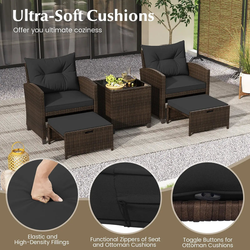 5 Pieces Patio Rattan Furniture with 2 Ottomans and Tempered Glass Coffee Table-Red by DirectDeals